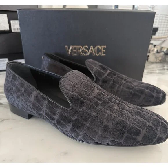 Versace 1003792‎ Men\'s Gray Velvet Croc-embossed Slippers Shoes, 45 Versace Slippers for Men for sale | eBay main image 4
